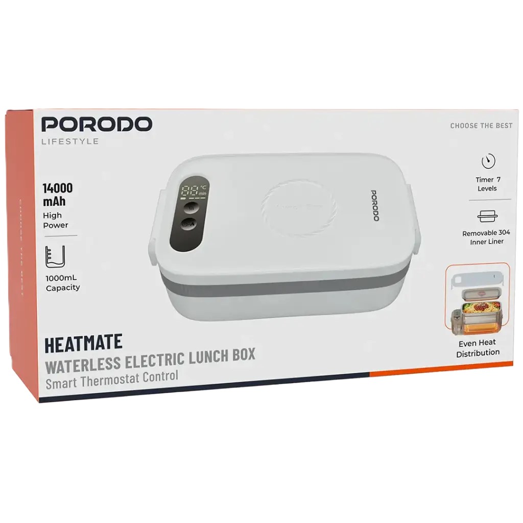 PORODO Lifestyle 14000mAH 1000mL Capacity Heatmate Waterless Electric Lunch Box with Smart Thermostat Control - White